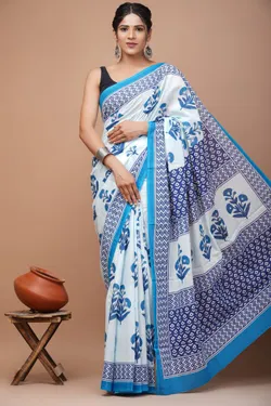 Women's Pure Soft Mul Cotton Madhubani Hand Printed Saree with Blouse Piece